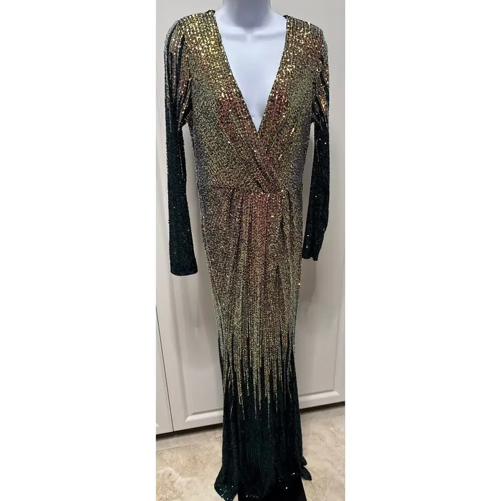 Fashion Nova Sequin Gown v-neckline long sleeves Chasing Dreams Maxi XL NWT - Picture 3 of 9